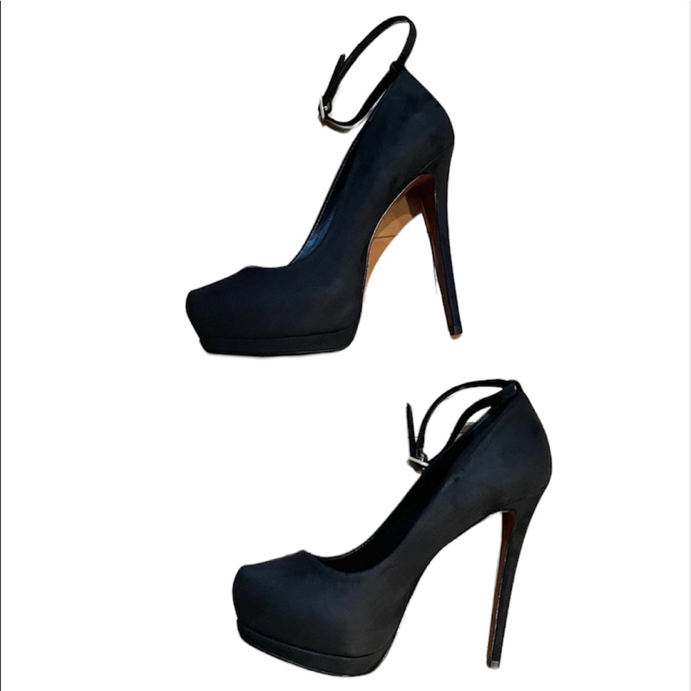 SCHULTZ black suede stiletto platform heels with adjustable ankle strap. Size 7B